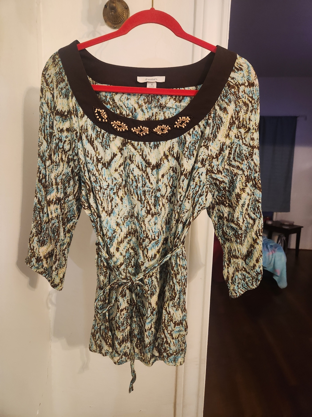 Dress Barn Aqua, Black and Cream Embellished Scoop-Neck Tie-Waist Blouse